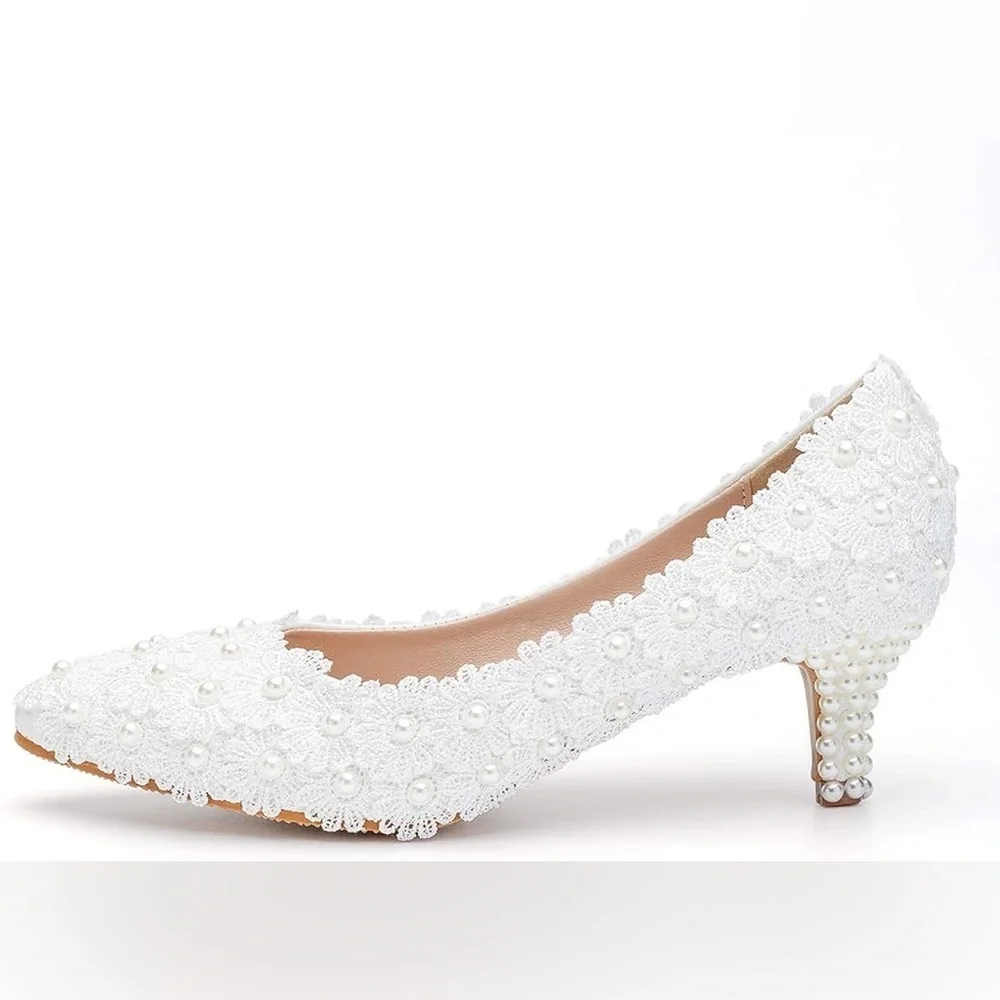 Crystal Queen Bridal White Lace Pearl Kitten Heels Wedding Pumps Size 40 8.5 US - Picture 3 of 15